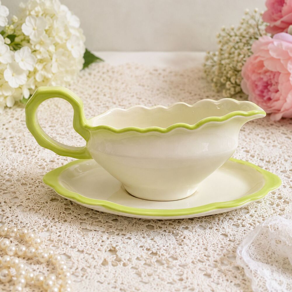 Vintage Green White Scalloped Ceramic Gravy Boat & Underplate Set